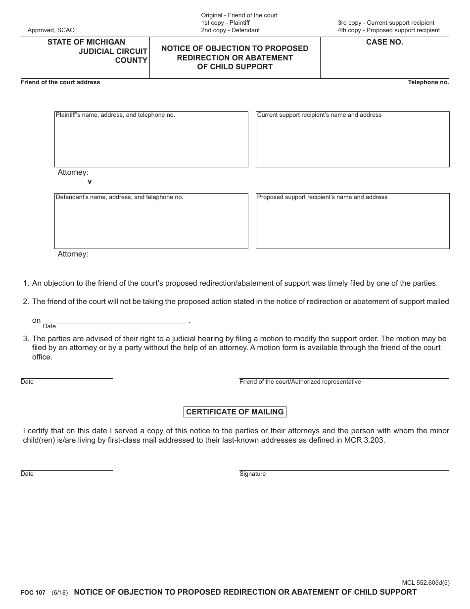 Form FOC107 Notice of Objection to Proposed Redirection or Abatement of Child Support - Michigan, Page 1