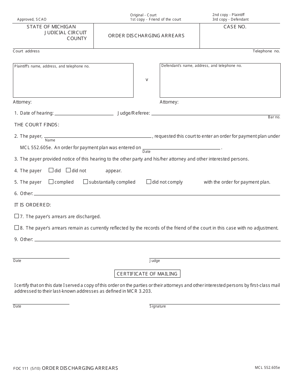 Form FOC111 Order Discharging Arrears - Michigan, Page 1