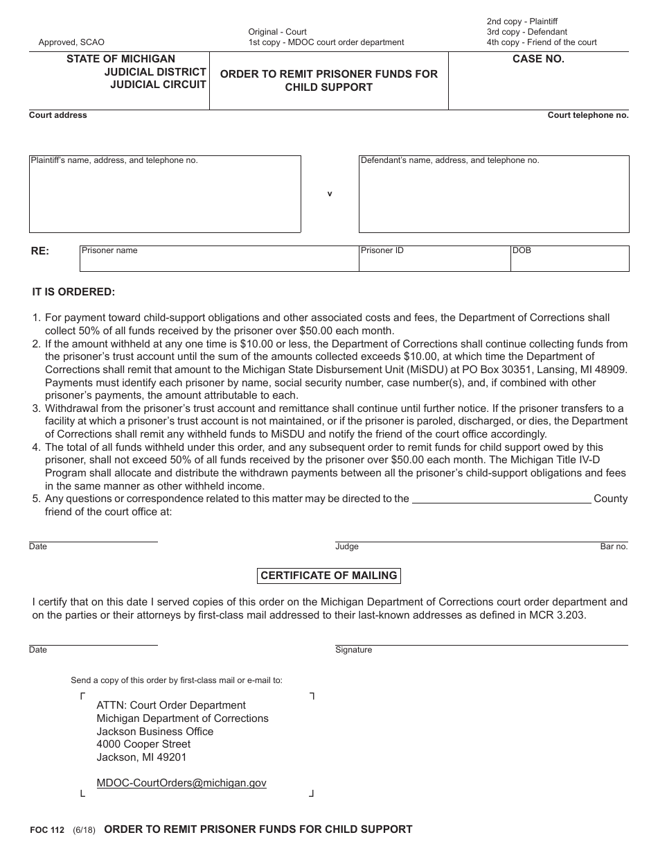 Form FOC112 Order to Remit Prisoner Funds for Child Support - Michigan, Page 1