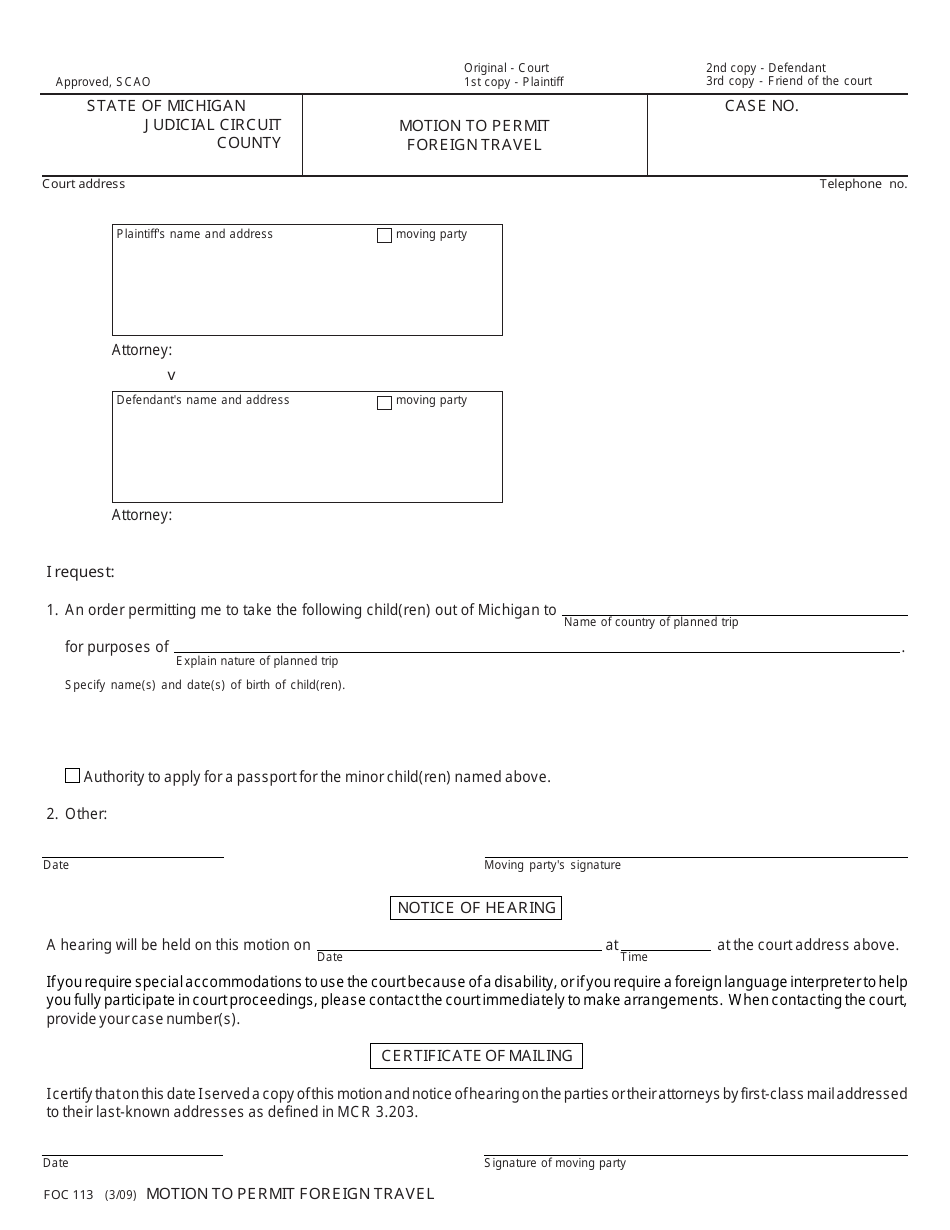 Form FOC113 Motion to Permit Foreign Travel - Michigan, Page 1