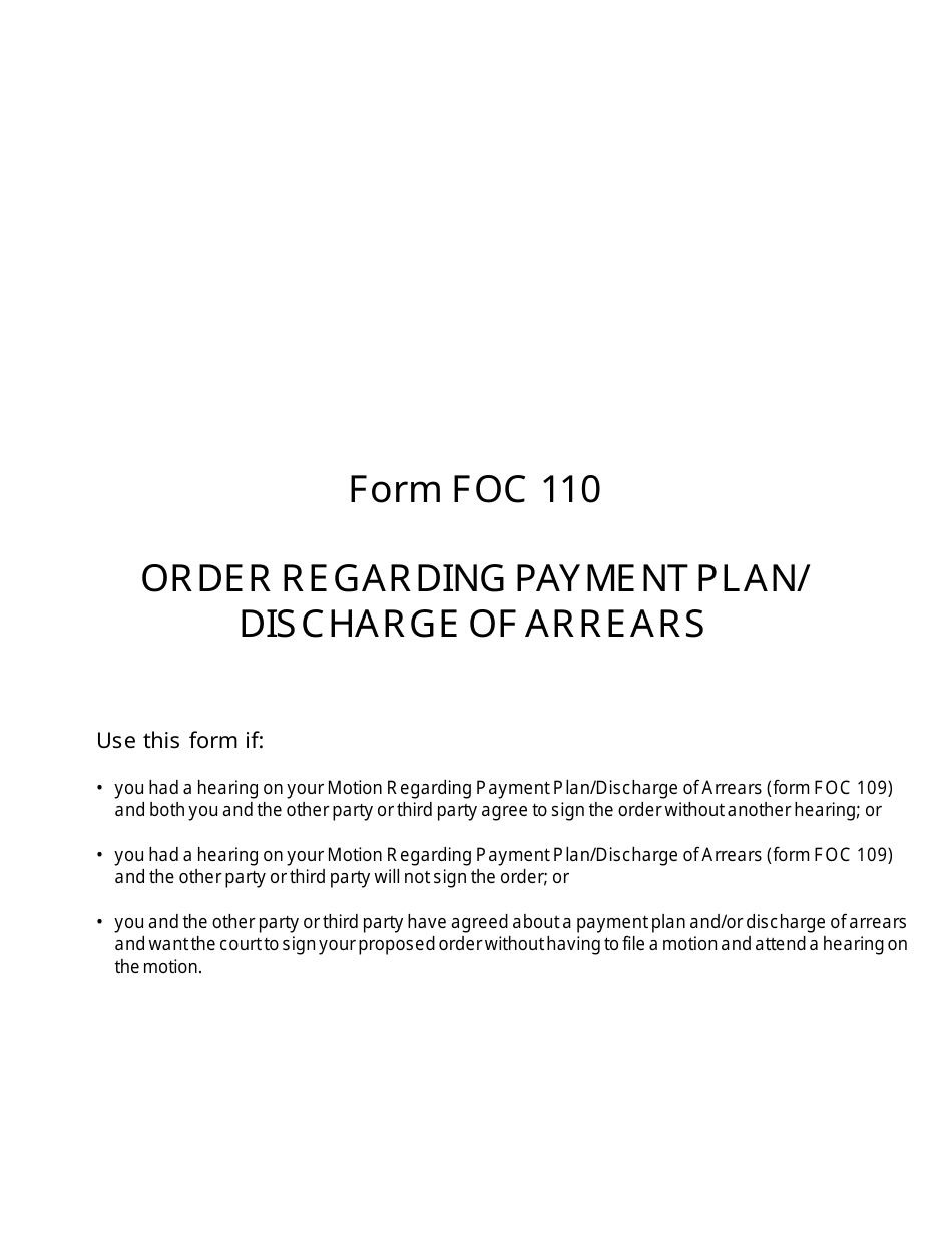 Form FOC110 Order Regarding Payment Plan / Discharge of Arrears - Michigan, Page 1