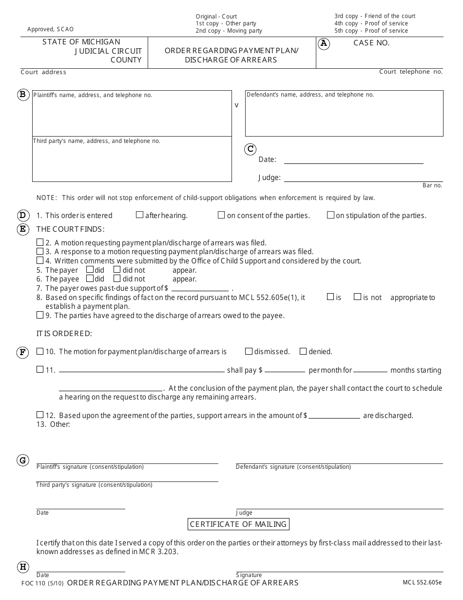 Form FOC110 Order Regarding Payment Plan / Discharge of Arrears - Michigan, Page 7
