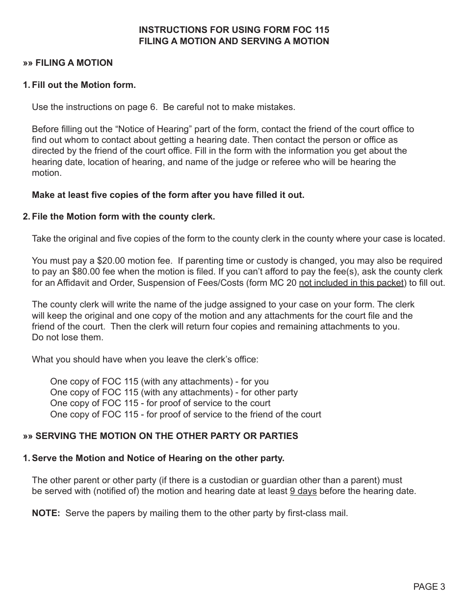 Form FOC115 Motion Regarding Change of Domicile / Legal Residence - Michigan, Page 3