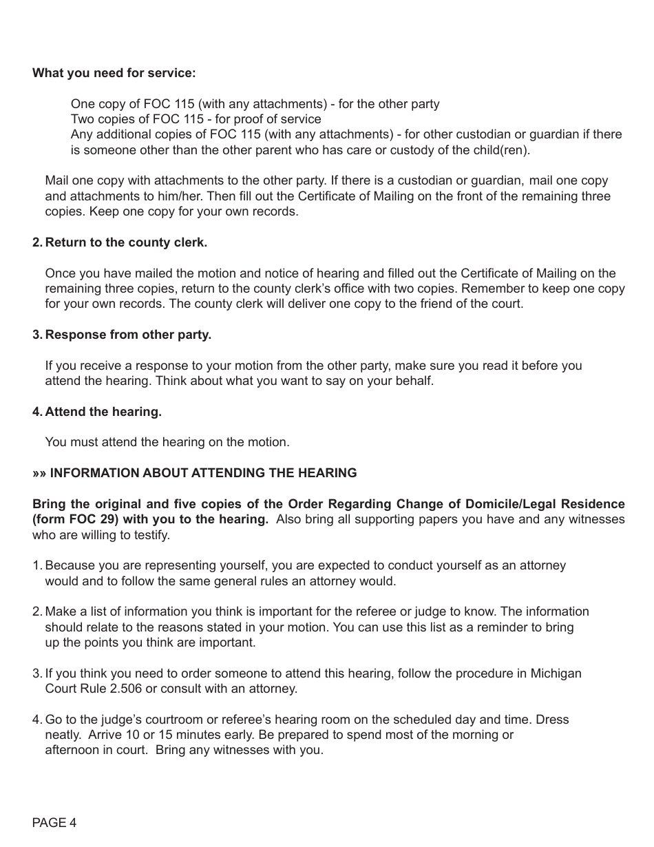 Form FOC115 Motion Regarding Change of Domicile / Legal Residence - Michigan, Page 4