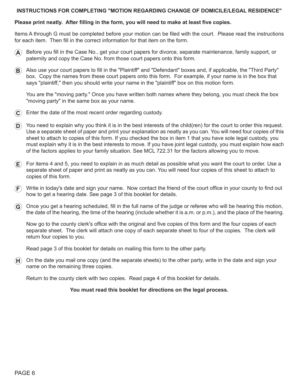 Form FOC115 Motion Regarding Change of Domicile / Legal Residence - Michigan, Page 6