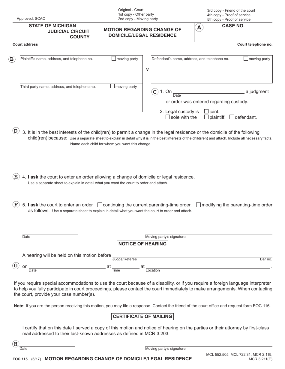 Form FOC115 Motion Regarding Change of Domicile / Legal Residence - Michigan, Page 7