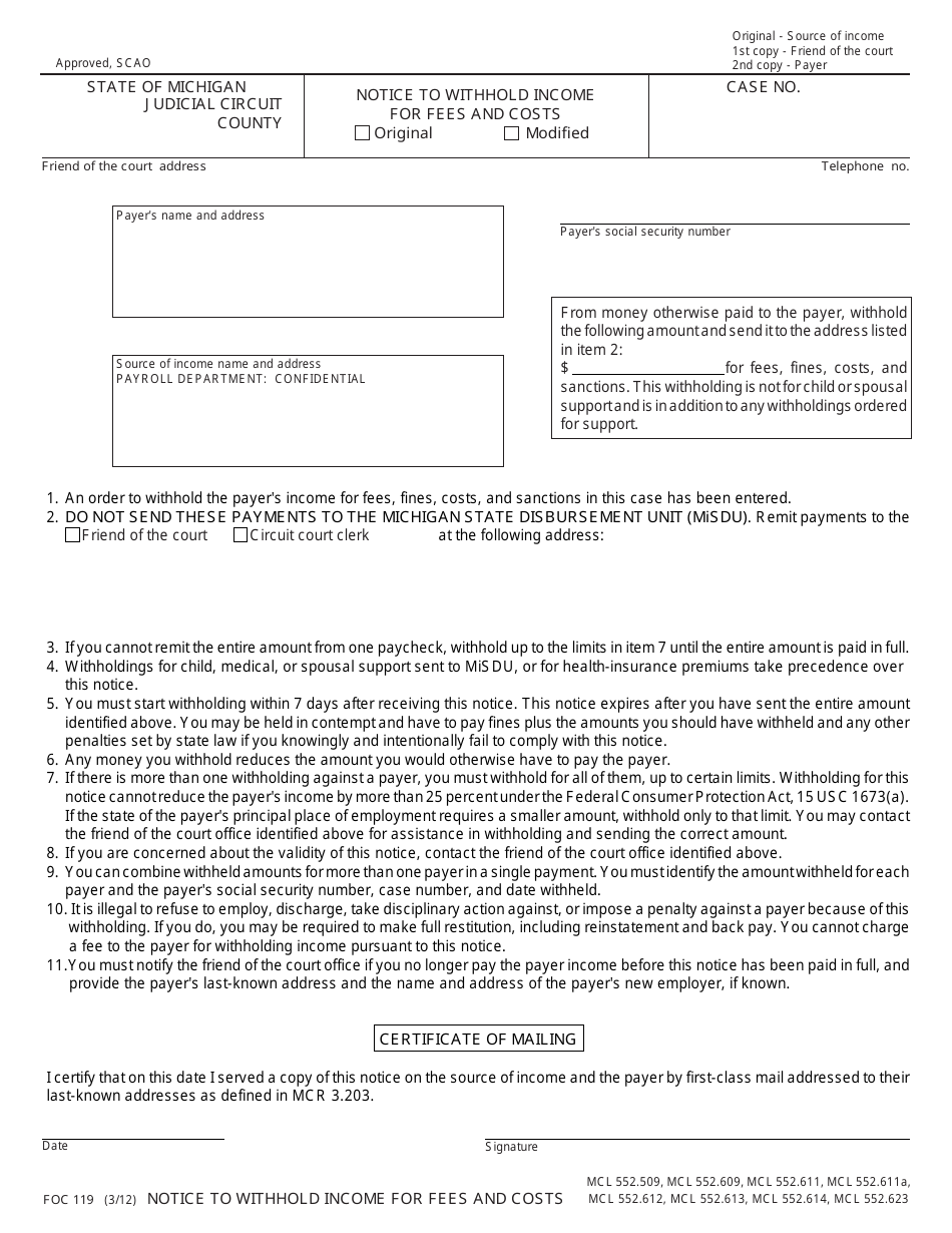 Form FOC119 Notice to Withhold Income for Fees and Costs - Michigan, Page 1