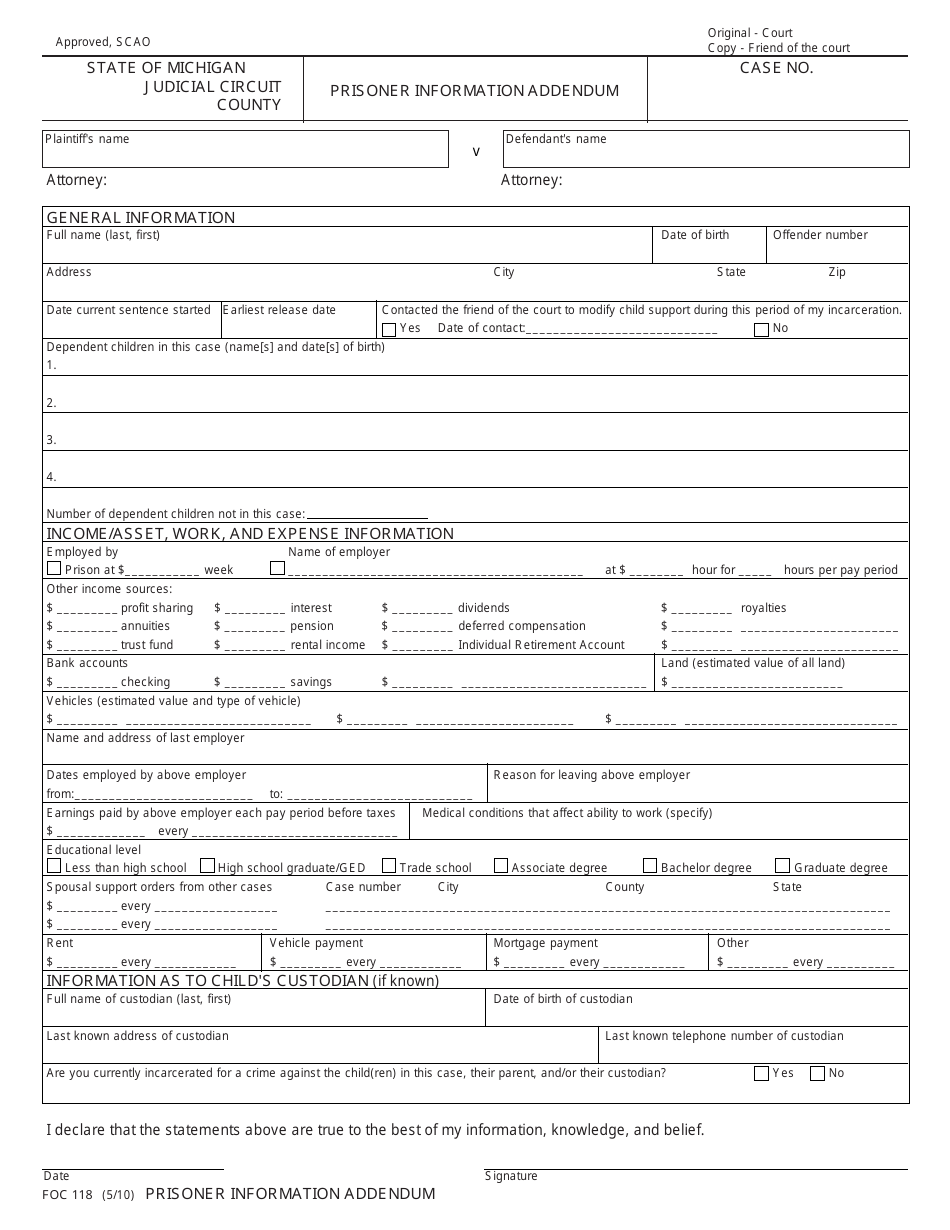 Form FOC118 Prisoner Information Addendum - Michigan, Page 1