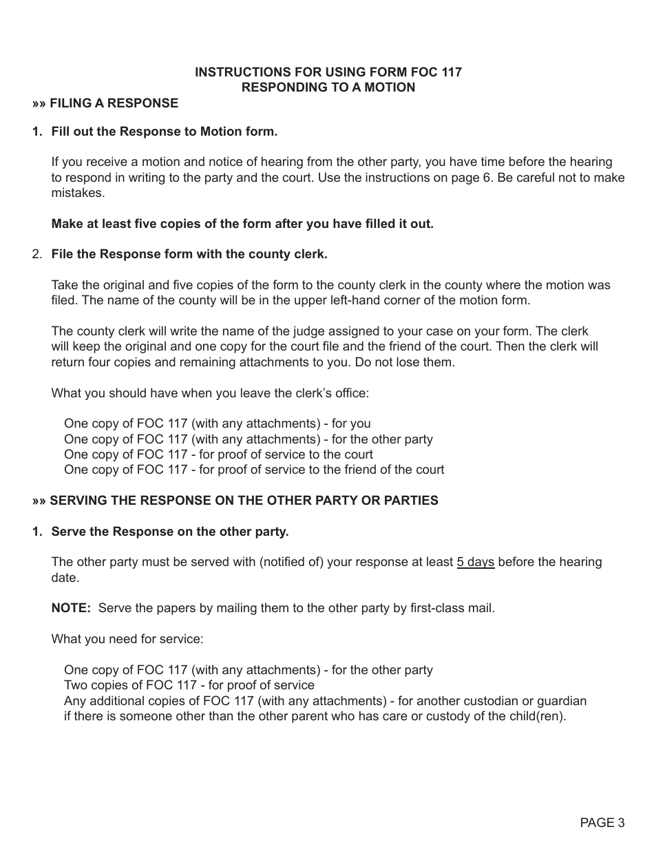 Form FOC117 Response to Motion Regarding Payment Plan / Discharge of Arrears - Michigan, Page 3