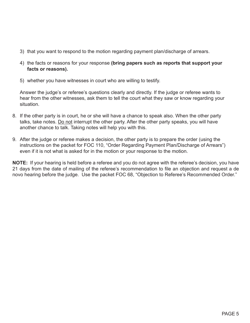 Form FOC117 Response to Motion Regarding Payment Plan / Discharge of Arrears - Michigan, Page 5