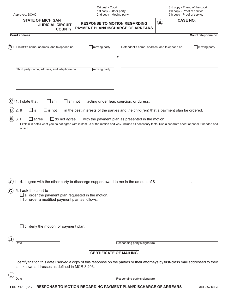 Form FOC117 Response to Motion Regarding Payment Plan / Discharge of Arrears - Michigan, Page 7