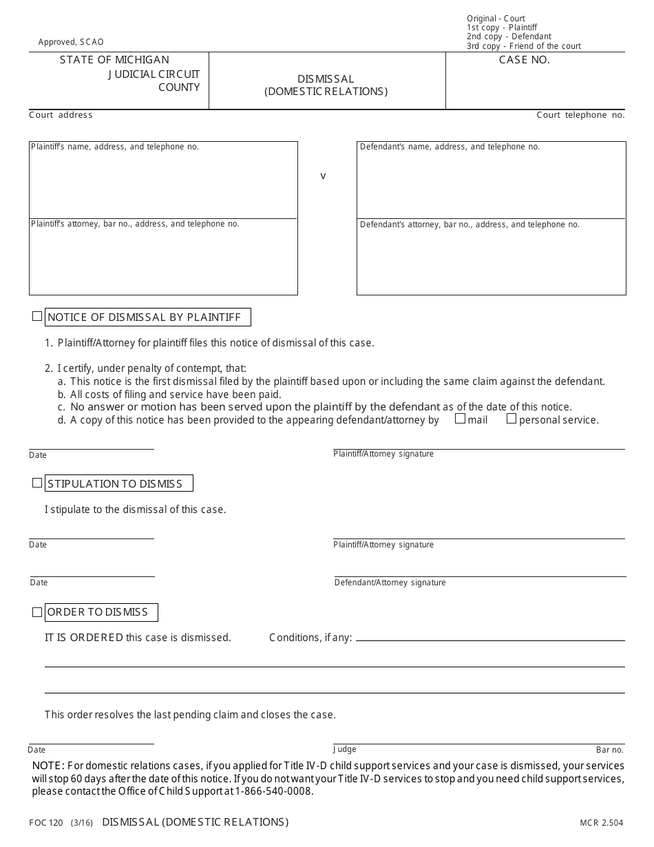 Form FOC120 Dismissal (Domestic Relations) - Michigan, Page 1