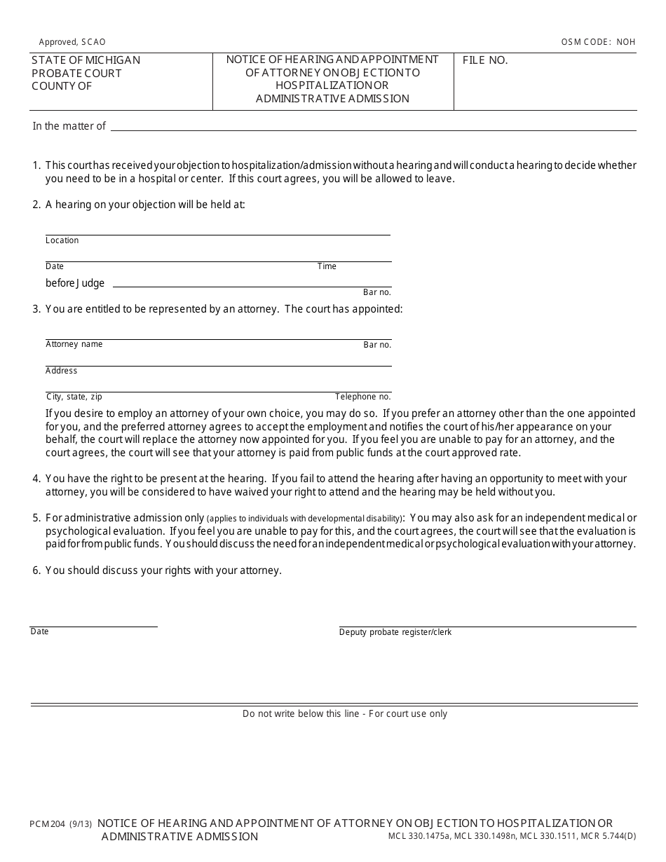 Form PCM204 Notice of Hearing and Appointment of Attorney on Objection to Hospitalization or Administrative Admission - Michigan, Page 1