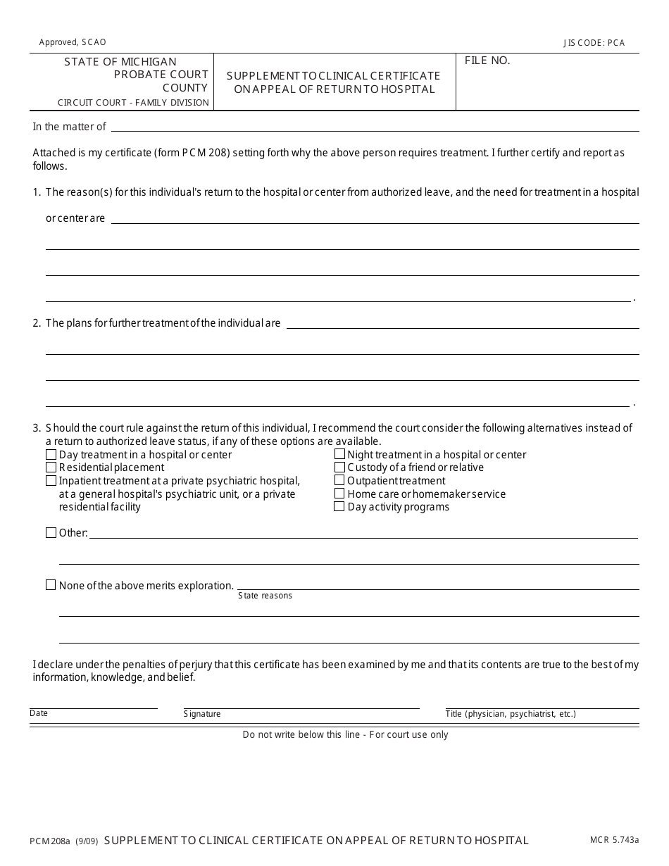 Form PCM208A Supplement to Clinical Certificate on Appeal of Return to Hospital - Michigan, Page 1