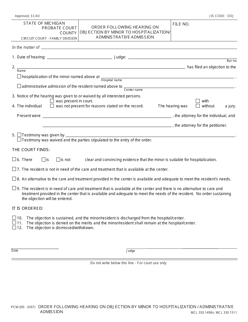 Form PCM205 Order Following Hearing on Objection by Minor to Hospitalization / Administrative Admission - Michigan, Page 1
