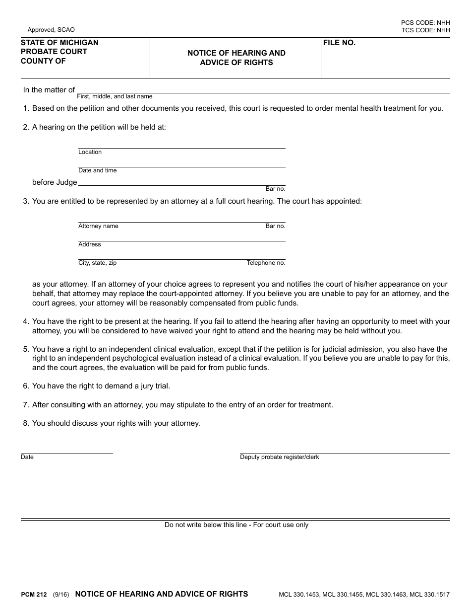 Form PCM212 Notice of Hearing and Advice of Rights - Michigan, Page 1