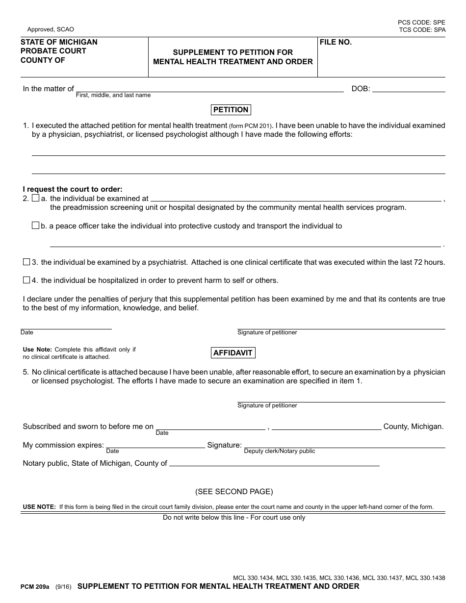 Form PCM209A Supplement to Petition for Mental Health Treatment and Order - Michigan, Page 1