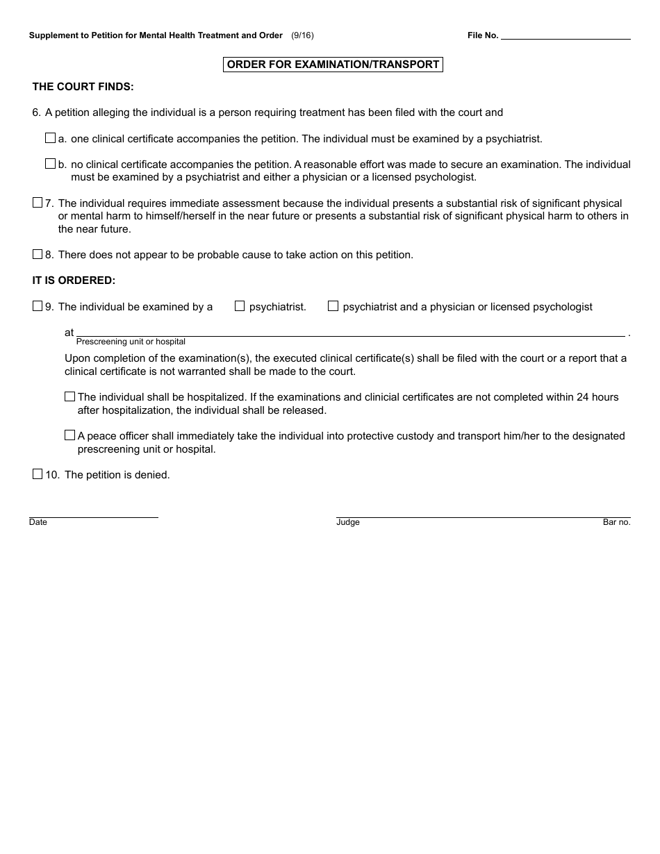Form PCM209A Supplement to Petition for Mental Health Treatment and Order - Michigan, Page 2
