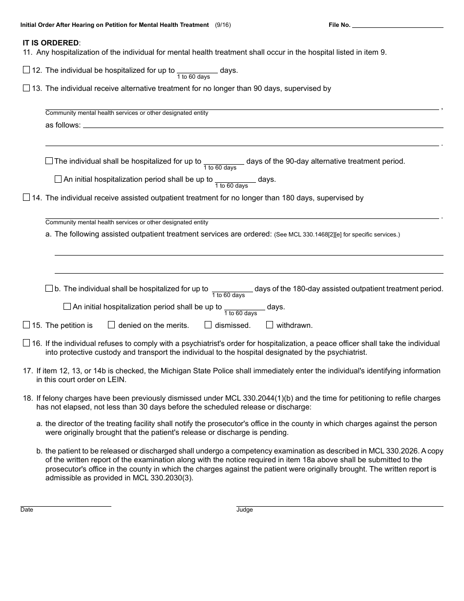 Form PCM214 Initial Order After Hearing on Petition for Mental Health Treatment - Michigan, Page 2