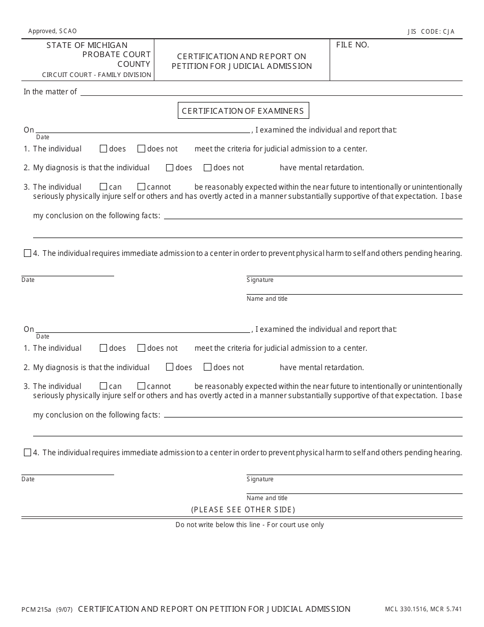 Form PCM215A Certification and Report on Petition for Judicial Admission - Michigan, Page 1