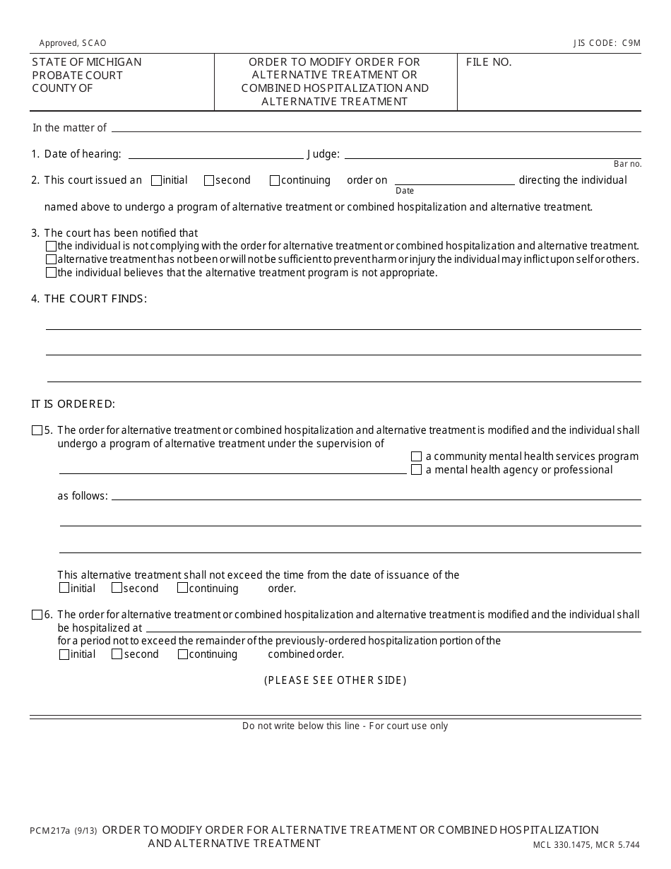 Form PCM217A Order to Modify Order for Alternative Treatment or Combined Hospitalization and Alternative Treatment - Michigan, Page 1