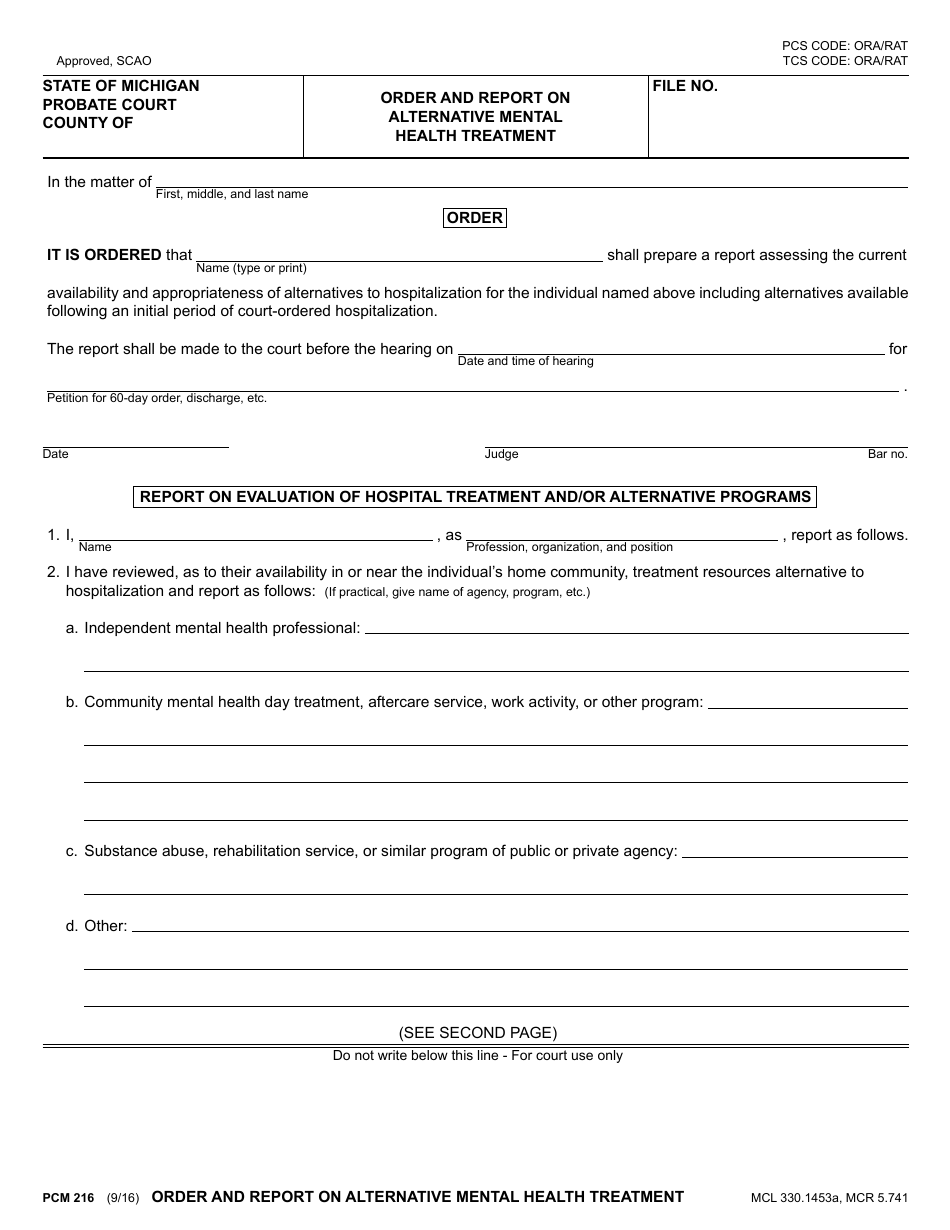Form PCM216 Order and Report on Alternative Mental Health Treatment - Michigan, Page 1