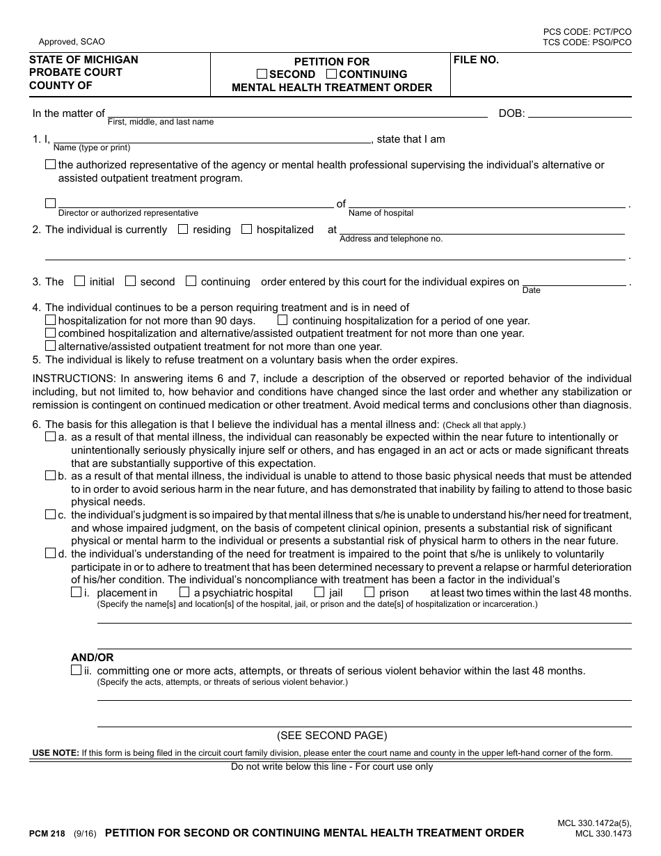 Form PCM218 Petition for Second or Continuing Mental Health Treatment Order - Michigan, Page 1