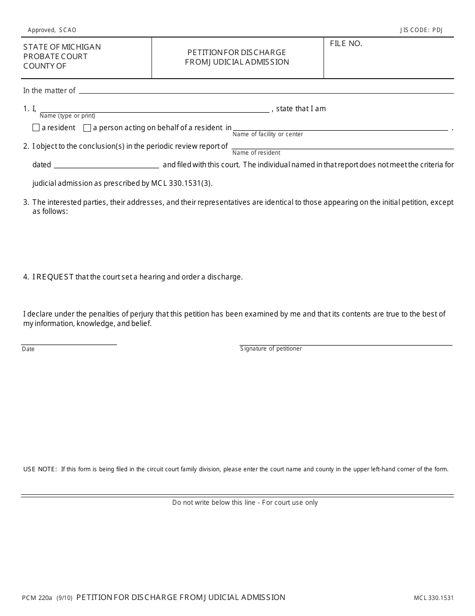 Form PCM220A Petition for Discharge From Judicial Admission - Michigan, Page 1