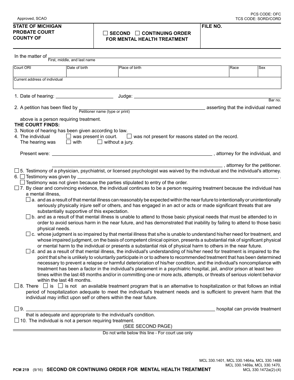 Form PCM219 Second or Continuing Order for Mental Health Treatment - Michigan, Page 1