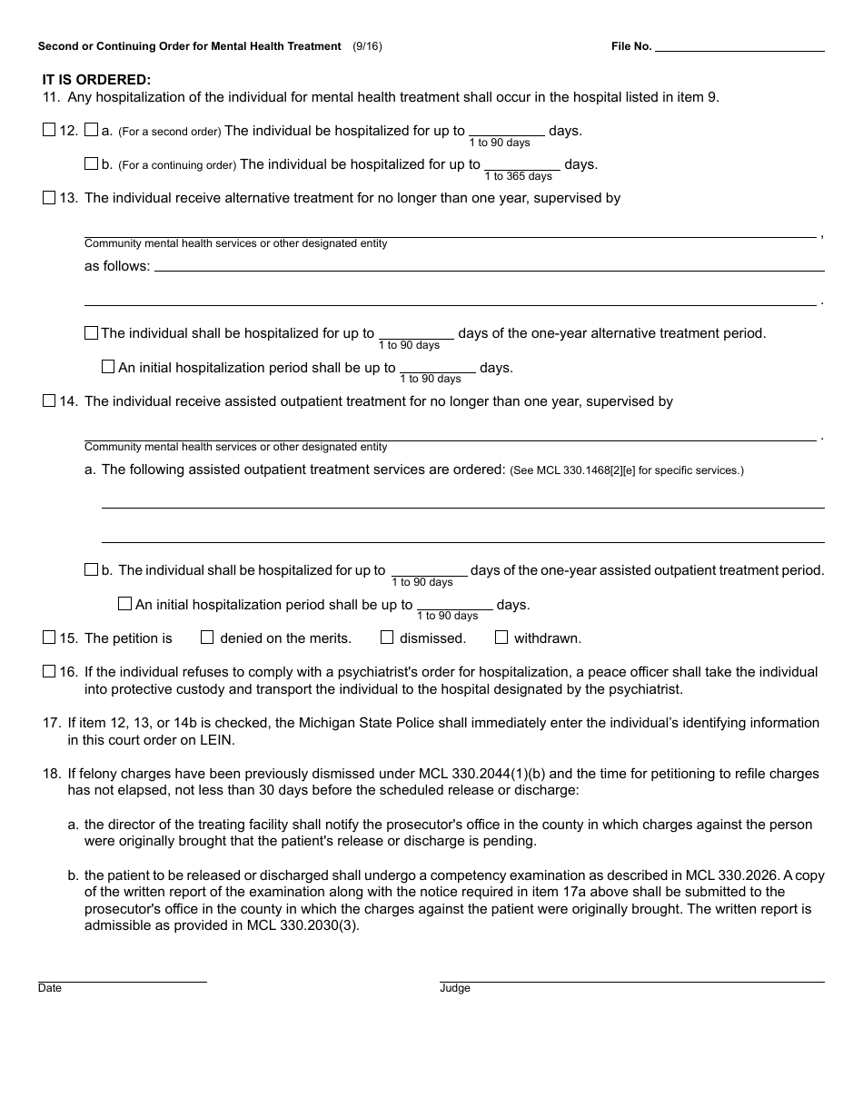 Form PCM219 Second or Continuing Order for Mental Health Treatment - Michigan, Page 2