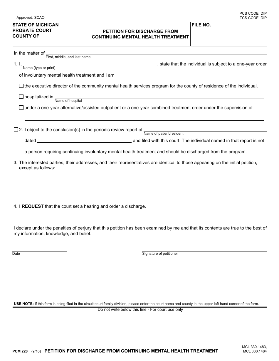 Form PCM220 Petition for Discharge From Continuing Mental Health Treatment - Michigan, Page 1
