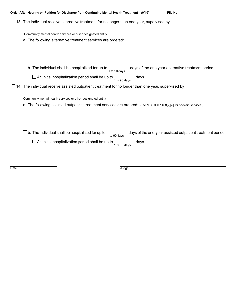 Form PCM222 Order After Hearing on Petition for Discharge From Continuing Mental Health Treatment - Michigan, Page 2
