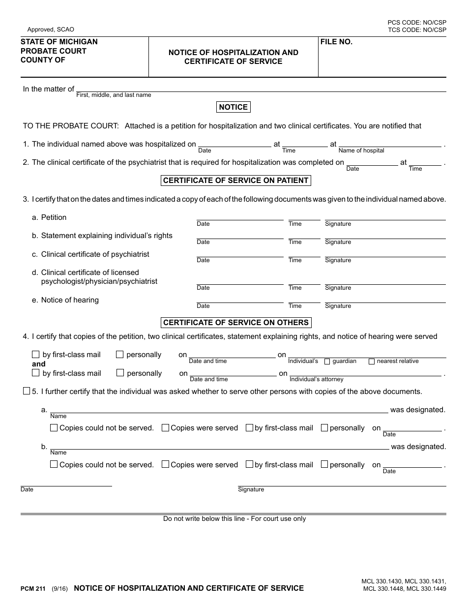 Form PCM211 Notice of Hospitalization and Certificate of Service - Michigan, Page 1