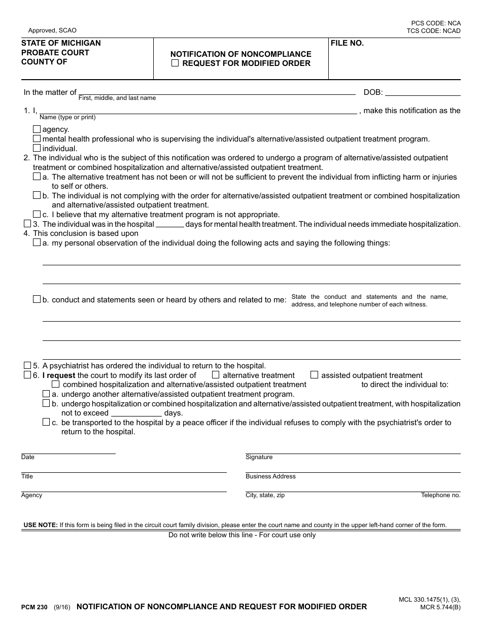 Form PCM230 Notification of Noncompliance and Request for Modified Order - Michigan, Page 1