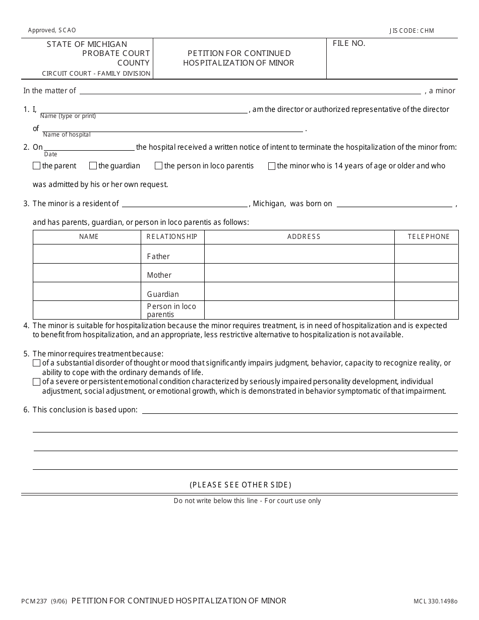 Form PCM237 Petition for Continued Hospitalization of Minor - Michigan, Page 1