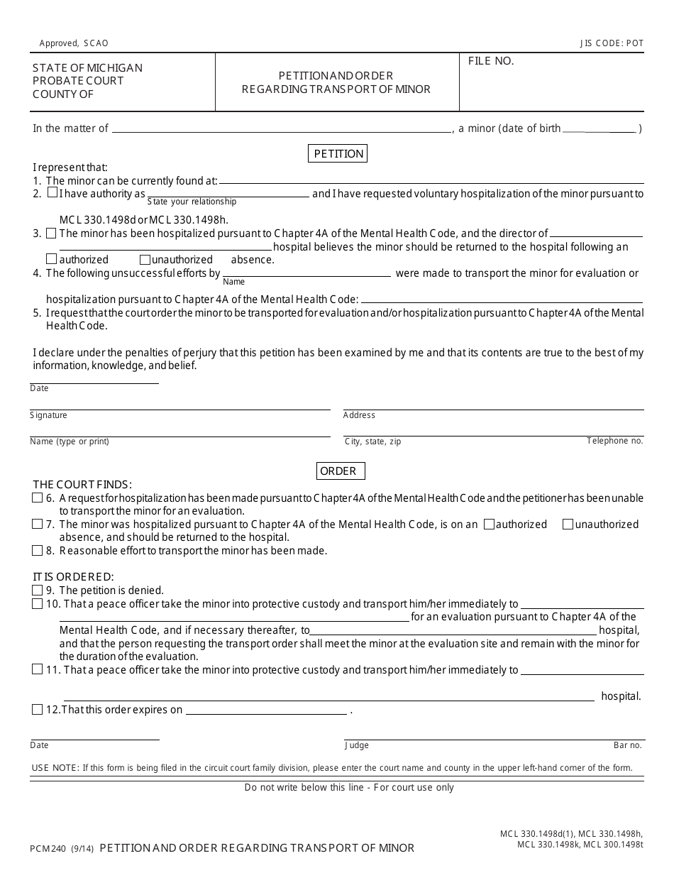 Form PCM240 Petition and Order Regarding Transport of Minor - Michigan, Page 1