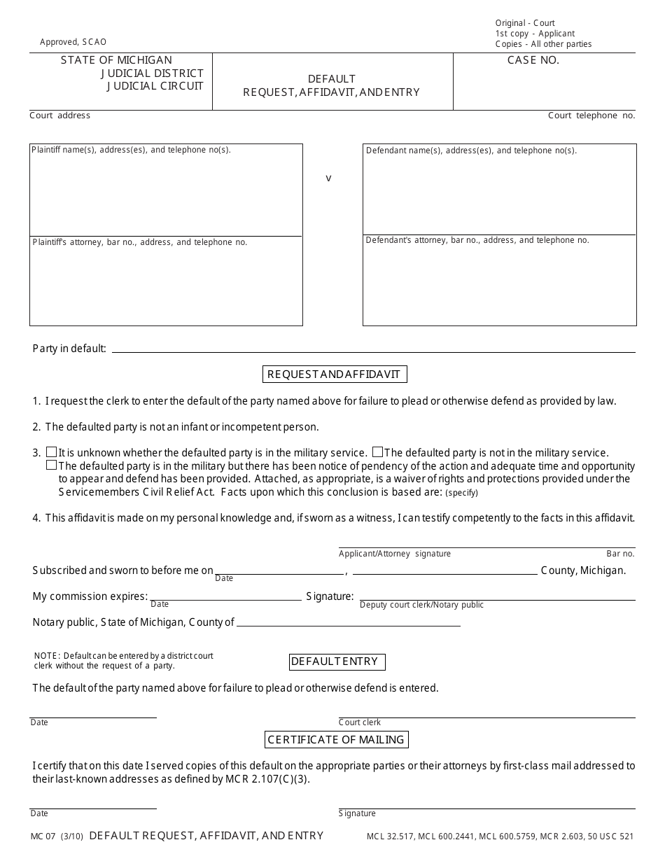 Form MC07 Default Request, Affidavit, and Entry - Michigan, Page 1