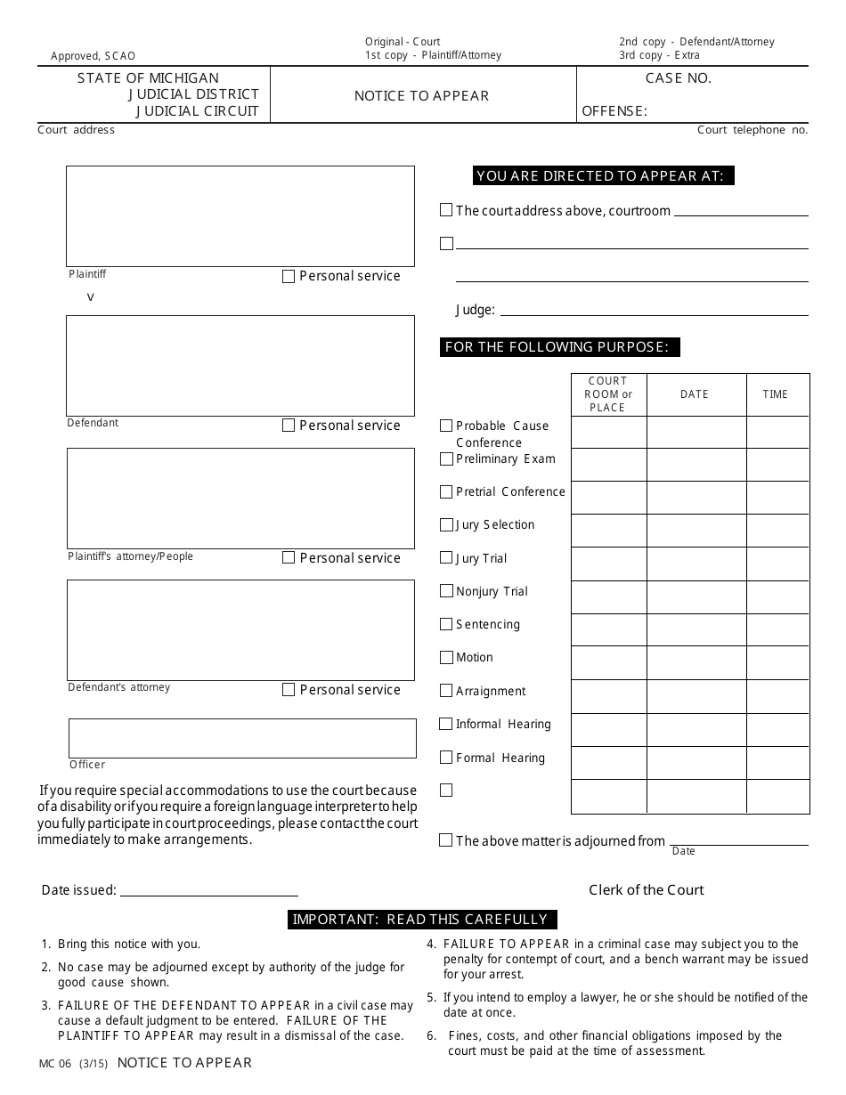 Form MC06 Notice to Appear - Michigan, Page 1