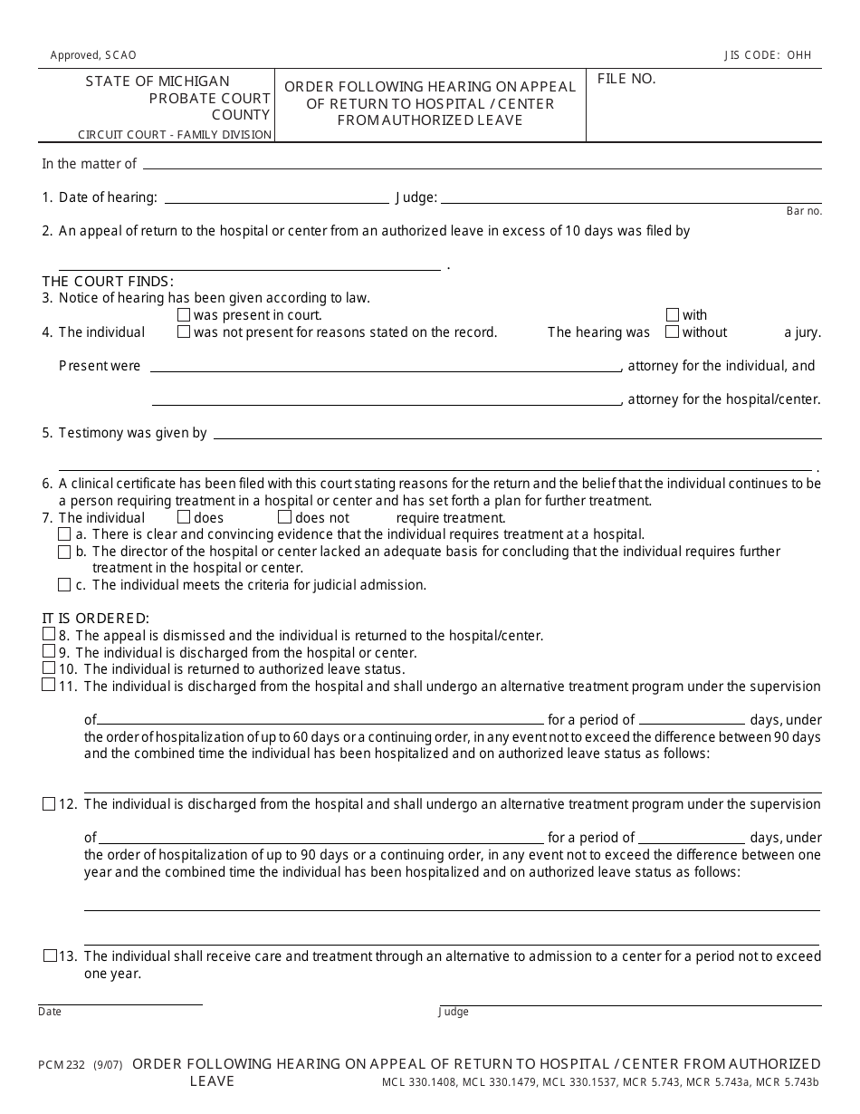Form PCM232 Order Following Hearing on Appeal of Return to Hospital / Center From Authorized Leave - Michigan, Page 1