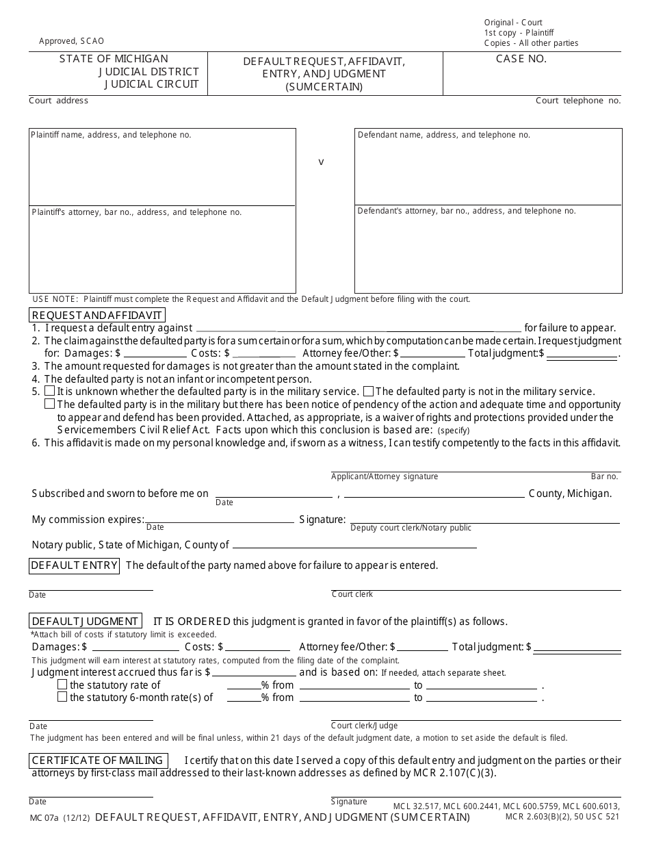 Form MC07A Default Request, Affidavit, Entry, and Judgment (Sum Certain) - Michigan, Page 1