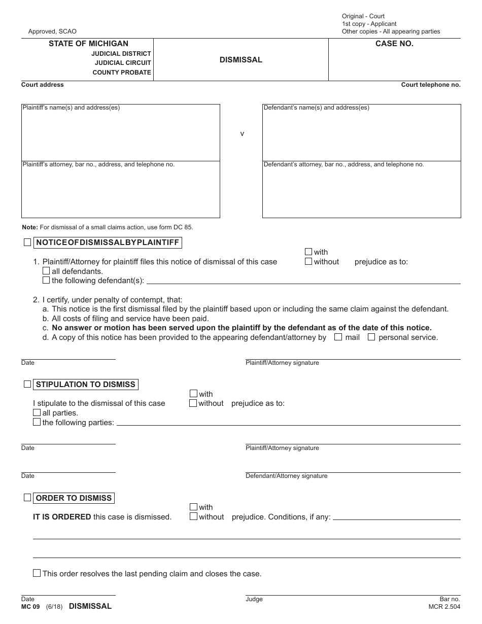Form MC09 Dismissal - Michigan, Page 1