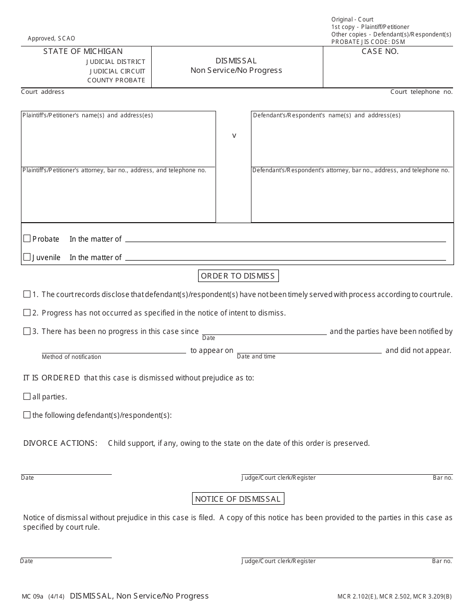 Form MC09A Dismissal - Non Service / No Progress - Michigan, Page 1
