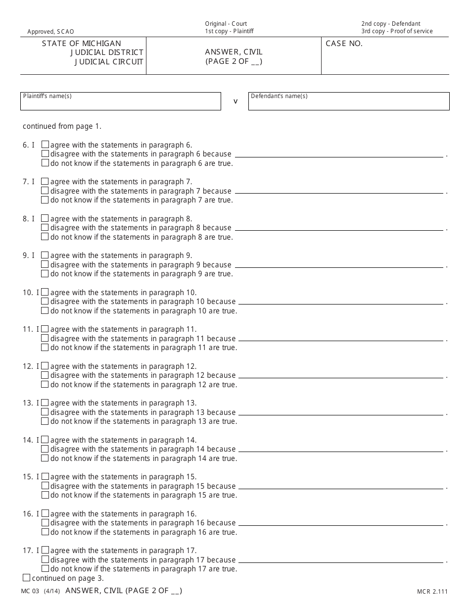 Form MC03 Answer, Civil - Michigan, Page 3