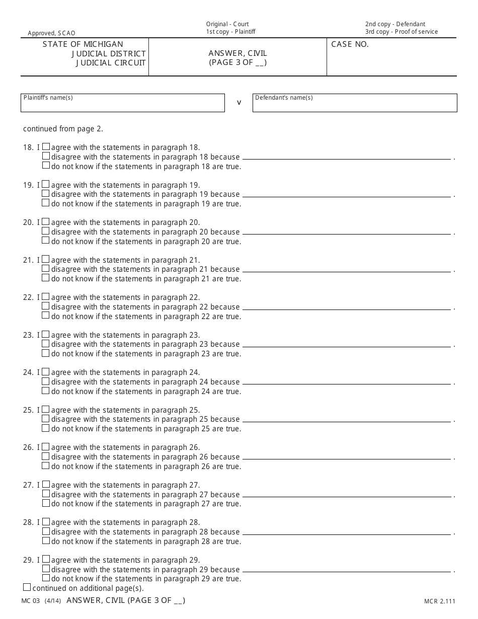 Form MC03 Answer, Civil - Michigan, Page 4