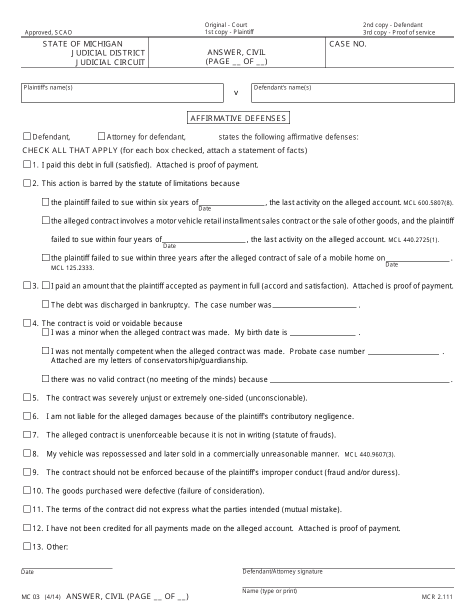 Form MC03 Answer, Civil - Michigan, Page 5