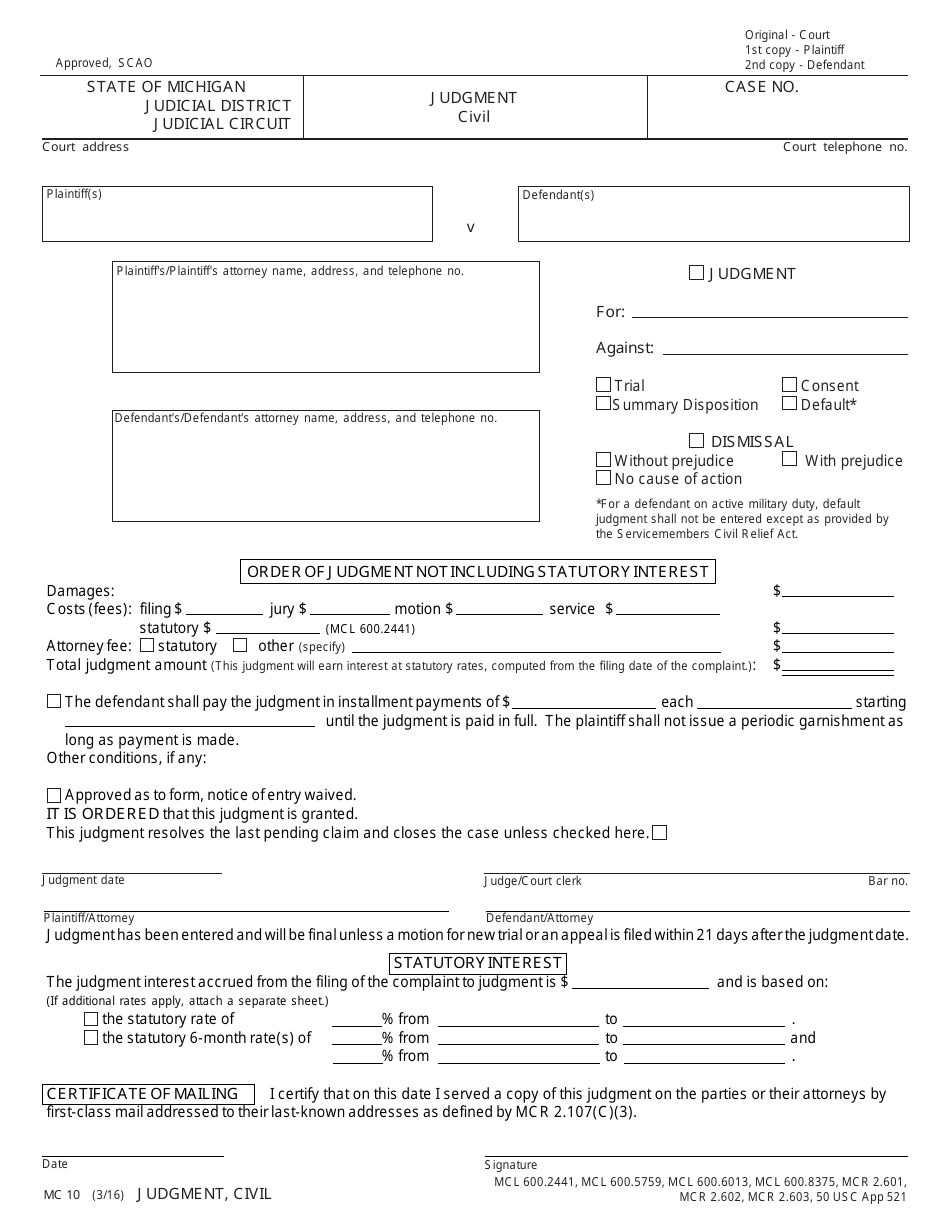 Form MC10 - Fill Out, Sign Online and Download Fillable PDF, Michigan ...