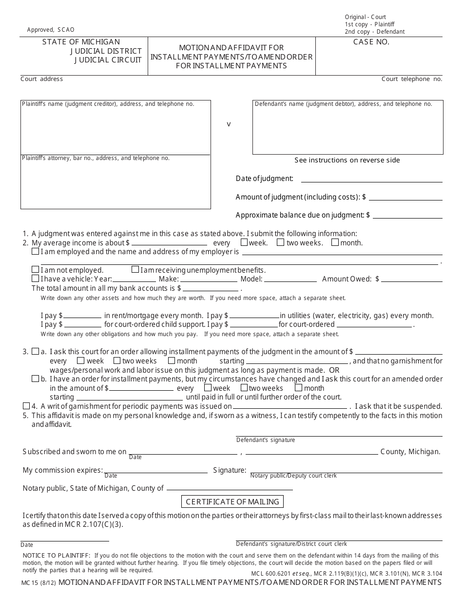 Form MC15 Motion and Affidavit for Installment Payments / To Amend Order for Installment Payments - Michigan, Page 1