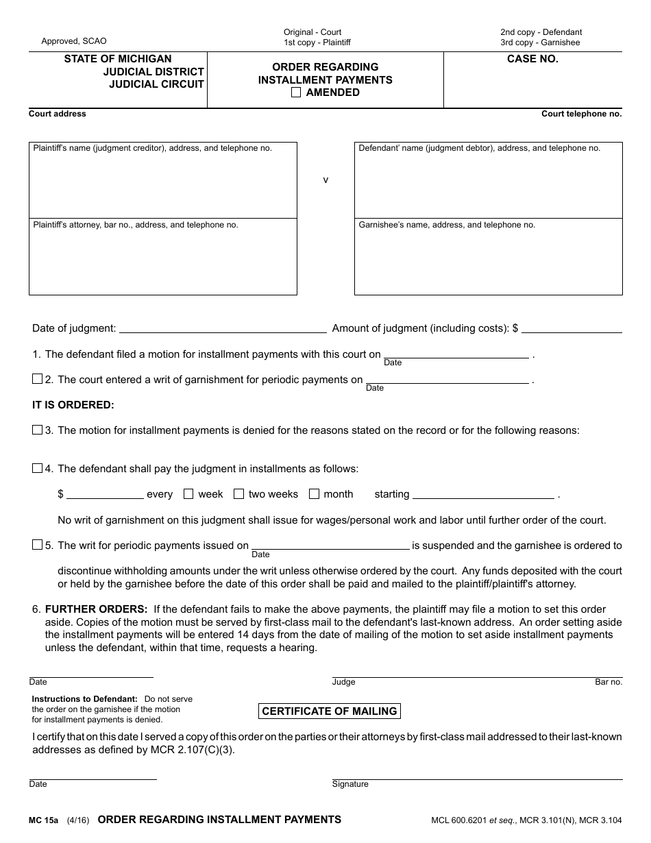 Form MC15A - Fill Out, Sign Online and Download Fillable PDF, Michigan ...