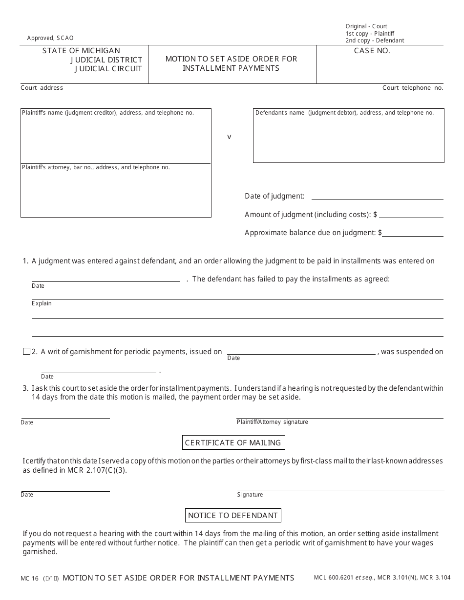 Form Mc16 Download Fillable Pdf Or Fill Online Motion To Set Aside Order For Installment Payments Michigan Templateroller