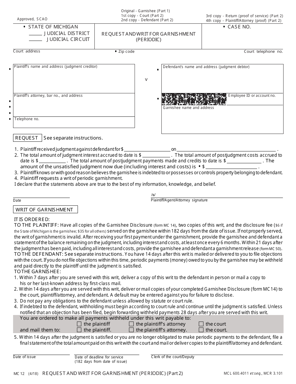 Form MC12 Request and Writ for Garnishment (Periodic) - Michigan, Page 2